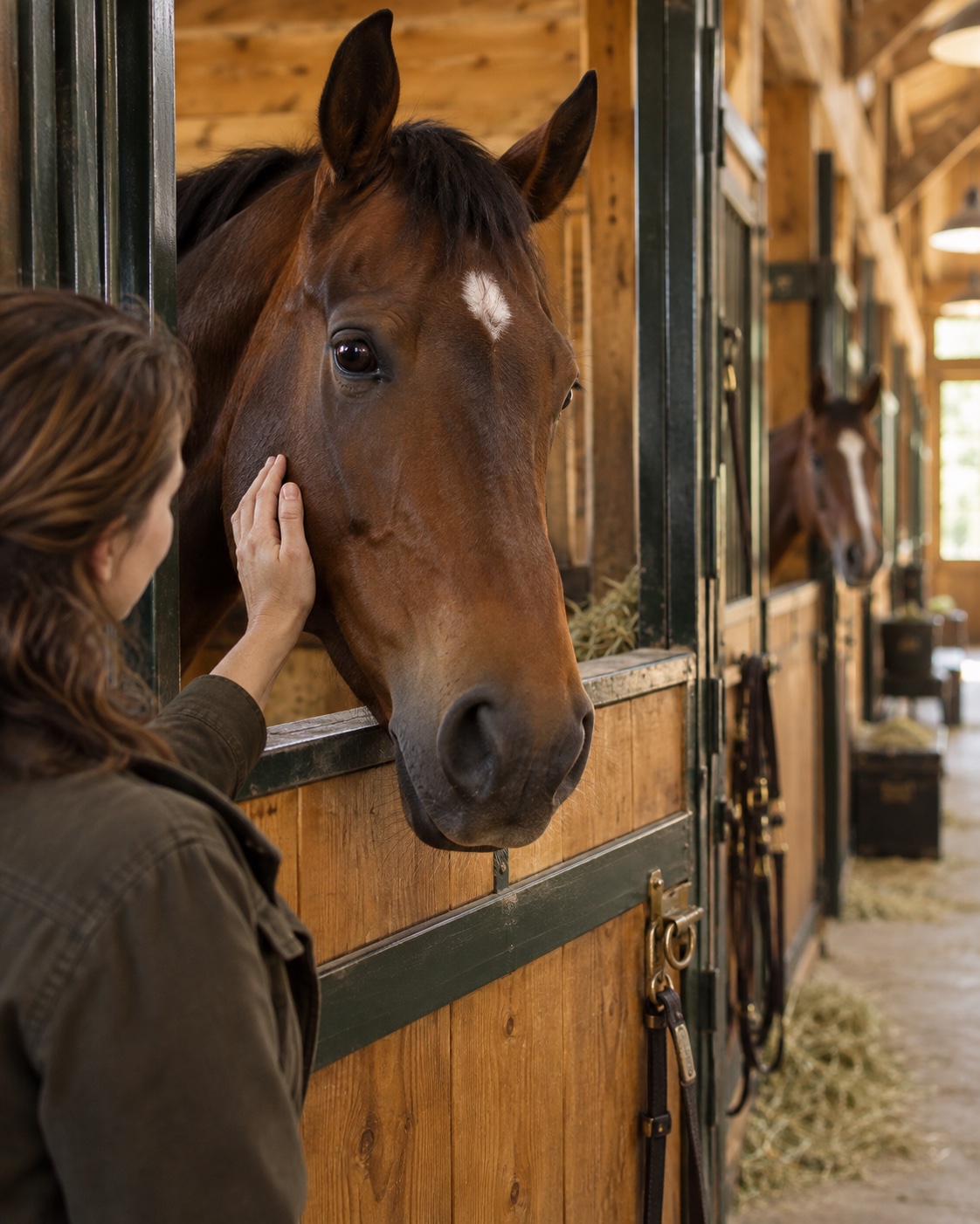 A caretaker strokes a bay horse’s cheek at its stall door, with another horse farther down the barn aisle
