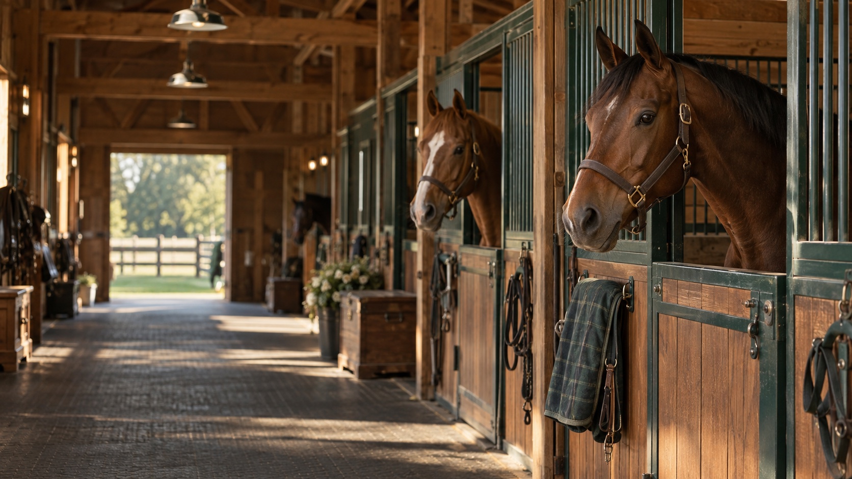 Bay and chestnut horses looking out of their stalls in a sunlit timber barn