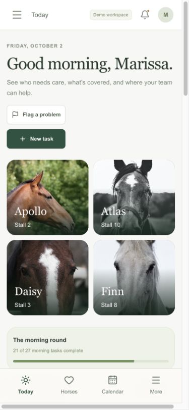 Marissa’s mobile barn overview with horse photographs, care progress and bottom navigation
